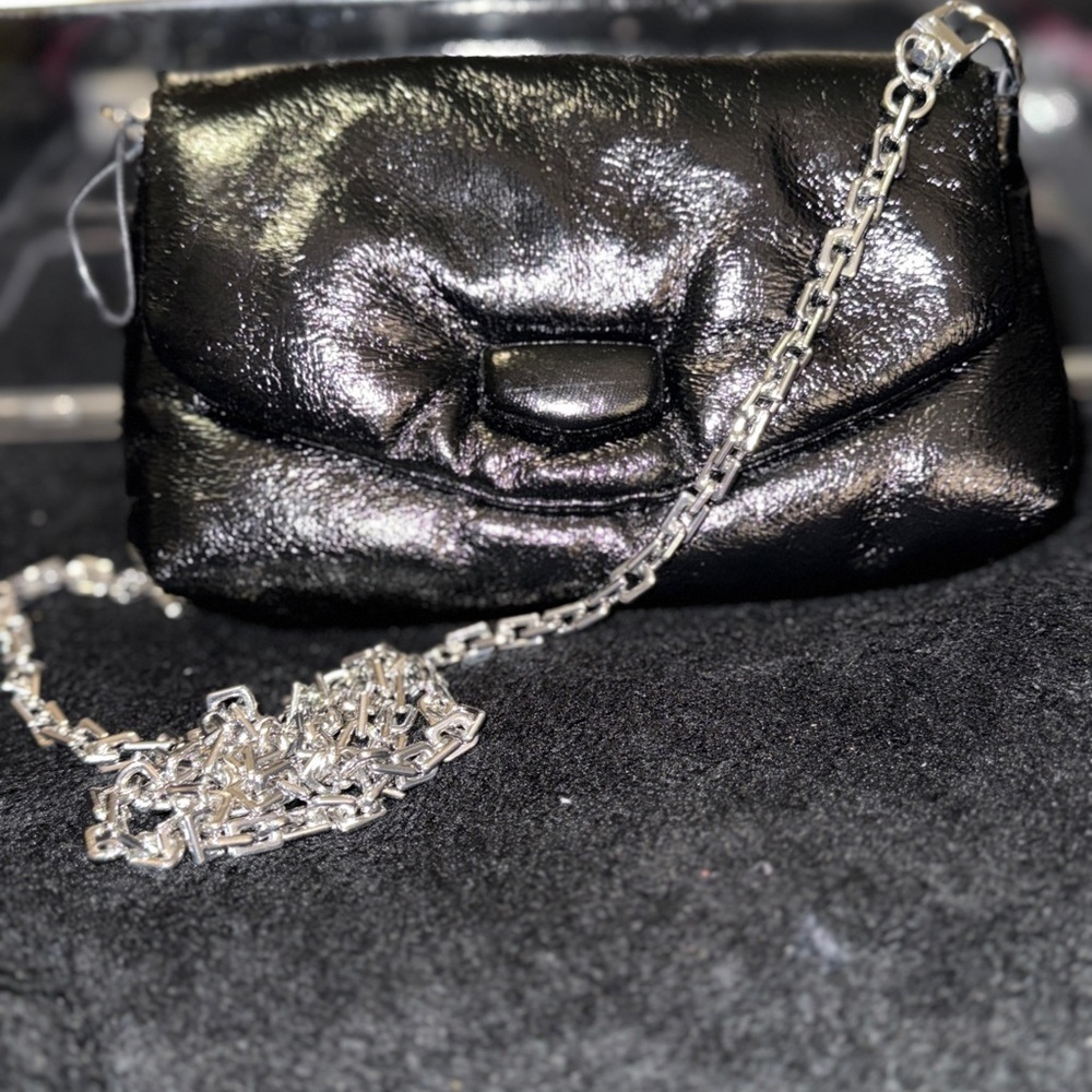 Zara Shiny Black Clutch with Silver Chain